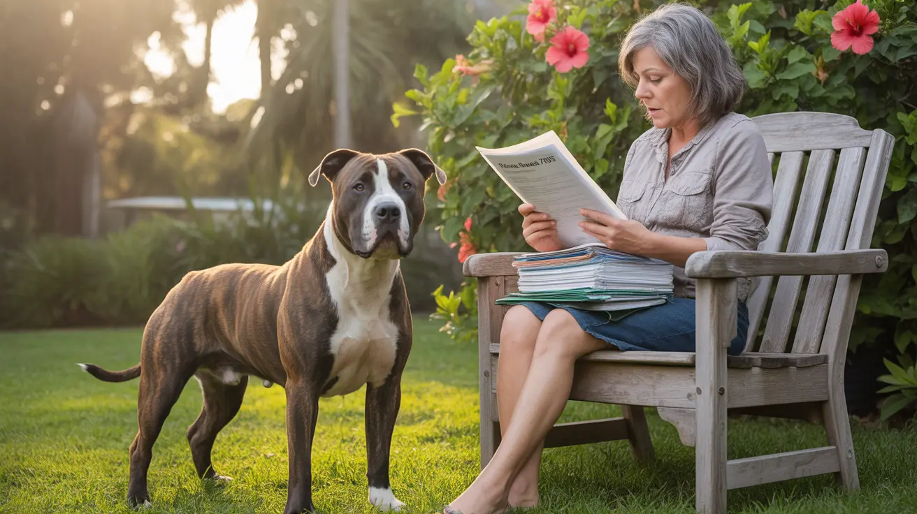 An American Staffordshire Terrier standing alert in a garden while a woman reads nearby
