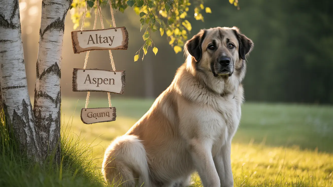 A majestic Anatolian Shepherd sitting next to a birch tree with hanging wooden name signs in a sunlit grassy area.