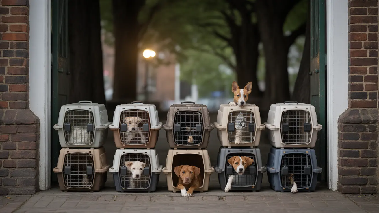 さまざまな犬種の複数の犬が、レンガ造りの建物の入口の前に積み重ねられたペット用キャリーの中や周りに座っている様子