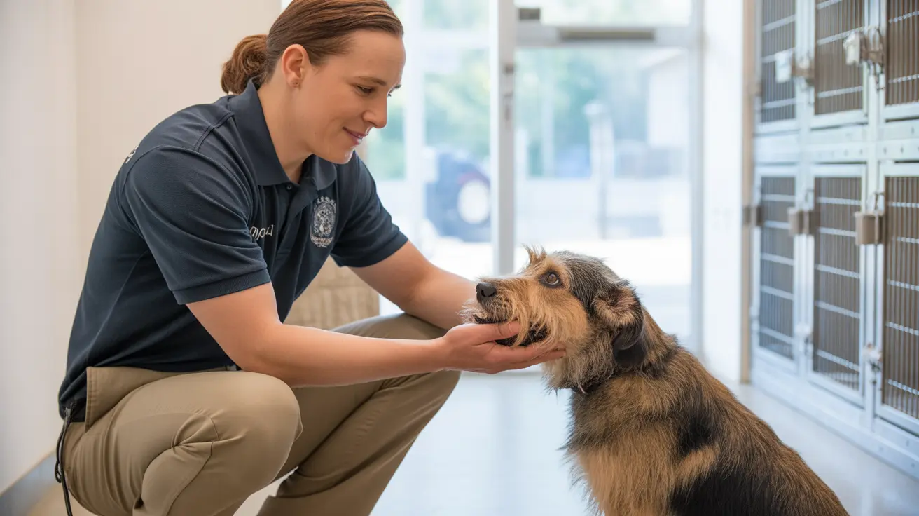 Animal control staff assisting pet adopters in a secure appointment-based facility