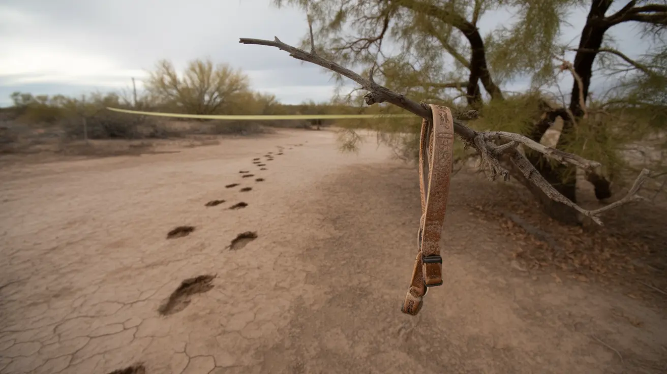 Missing dog's collar hanging from a tree near the discovery site in Benson, Arizona