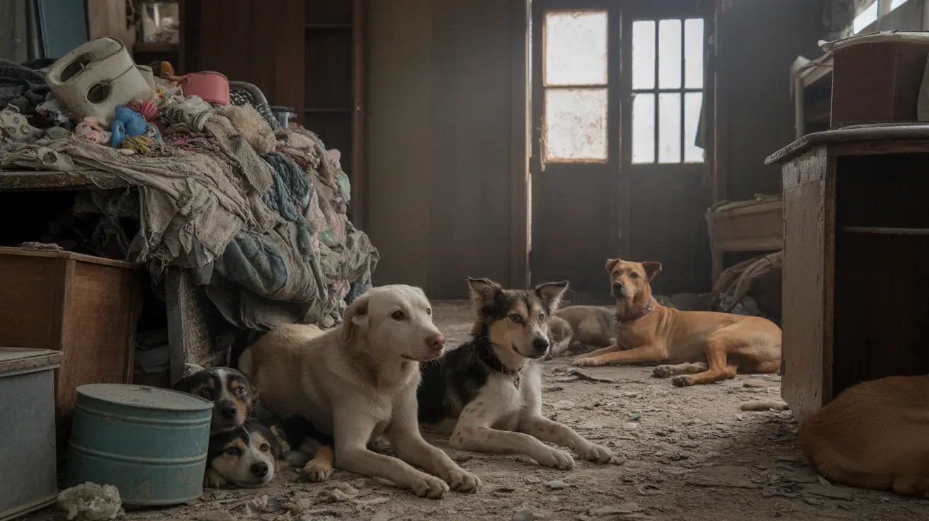 Five dogs sitting together in a cluttered, deteriorated room with natural light through old windows