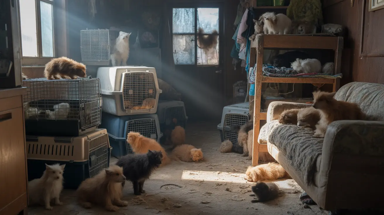 Overcrowded living space with many neglected animals illustrating animal hoarding