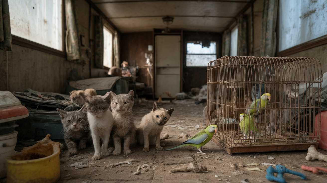 Rescue operation removing animals from a neglected mobile home in Nash County