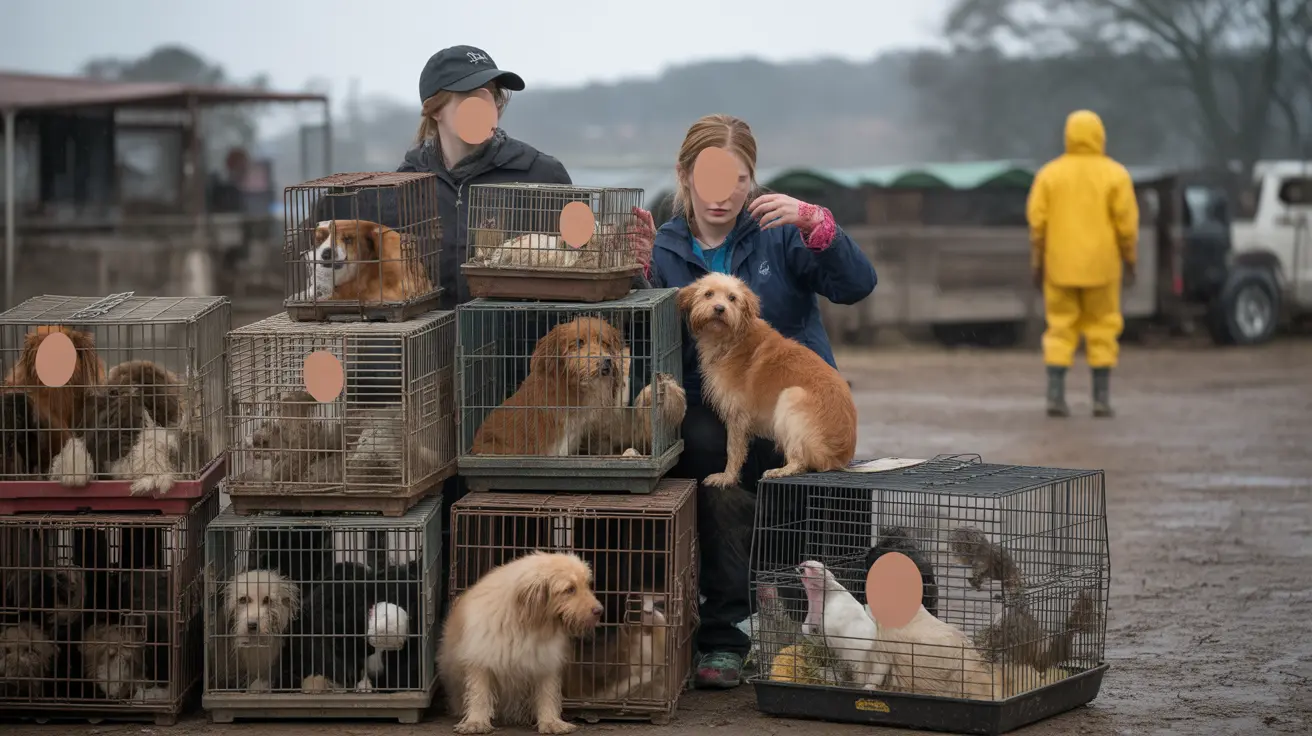 Rusty cages stacked with animals in unsanitary hoarding conditions