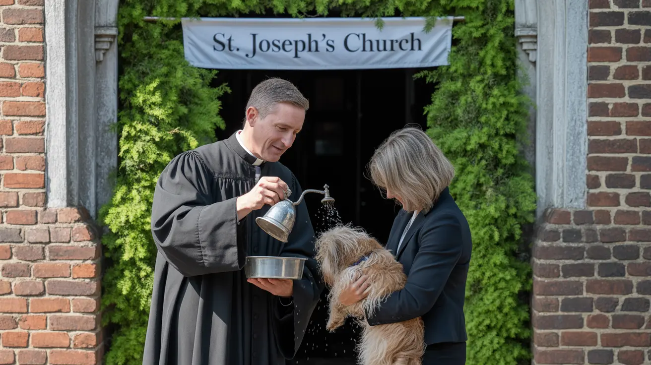 Pet owners and their animals gathered outdoors at St. Joseph's Church for the Blessing of the Animals ceremony