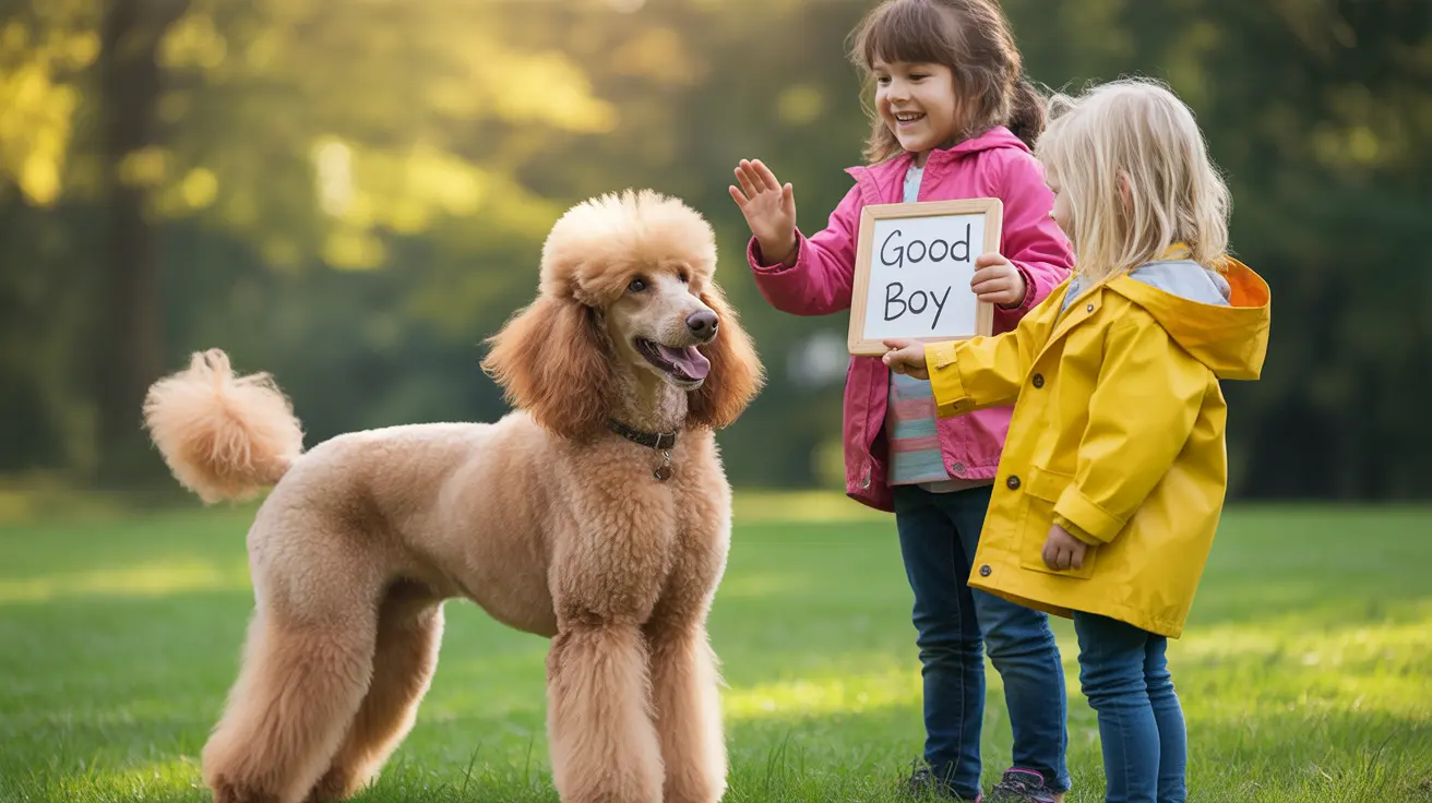 Un Poodle estándar de color albaricoque bien cuidado siendo elogiado por dos niños al aire libre.