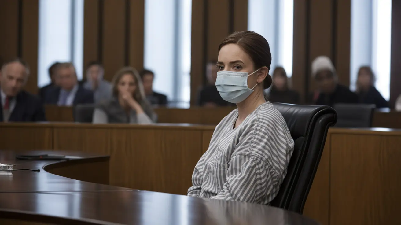 Una mujer con mascarilla está sentada en una silla de cuero negra en una mesa de madera en lo que parece ser un juzgado