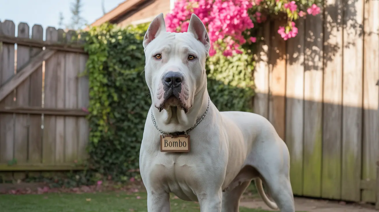 Dogo Argentino blanco y poderoso en un patio trasero con placa de nombre que dice 'Bombo'