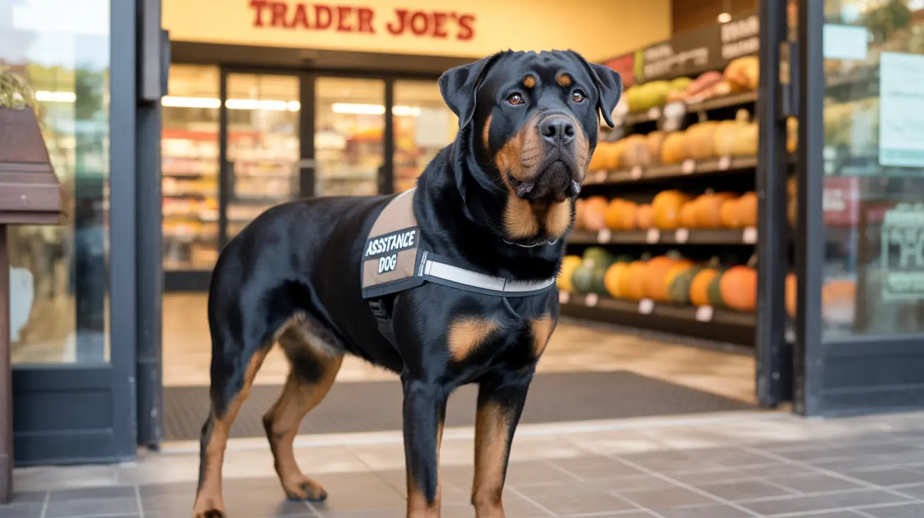 Assistance dog wearing a vest standing inside the entrance of a Trader Joe's grocery store