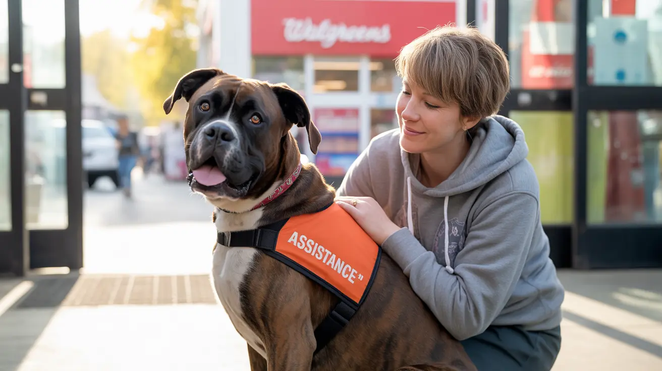 An assistance dog wearing an orange vest sitting outside a Walgreens store with a companion