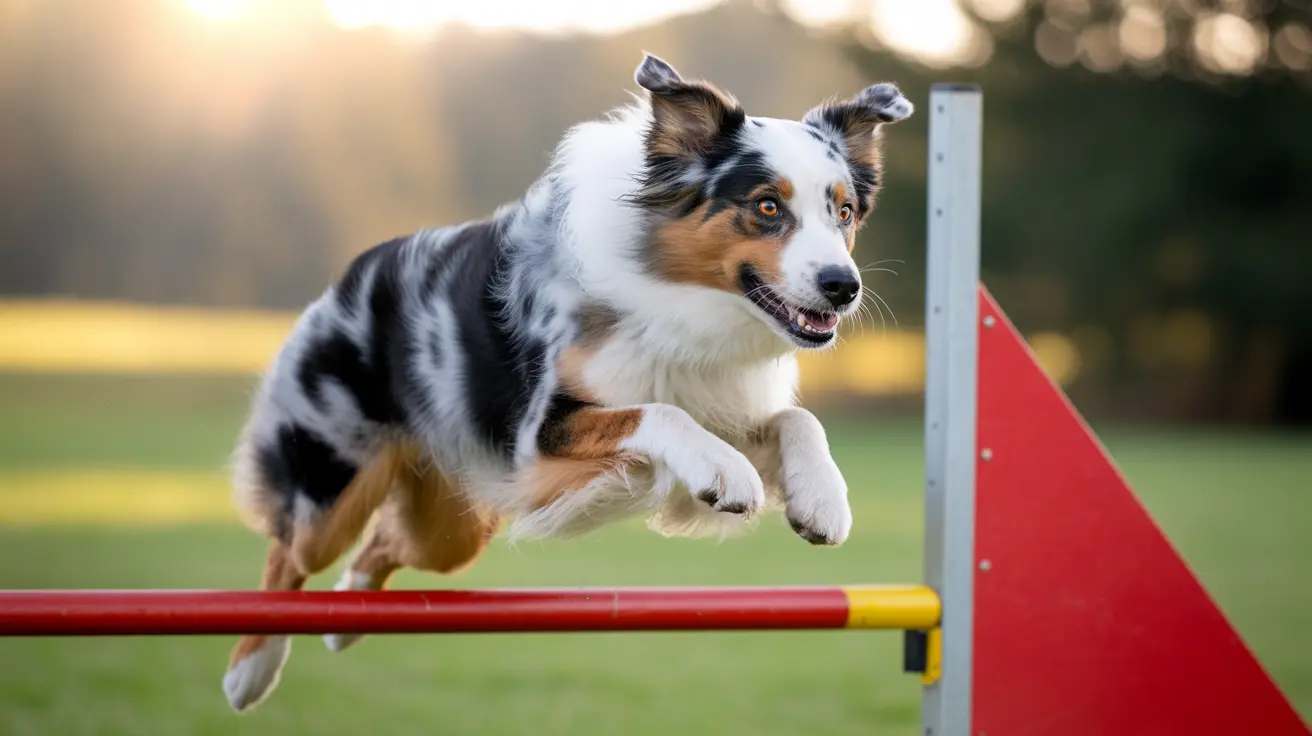 Australian Shepherd jumping over a red and yellow agility bar on a grassy field during training