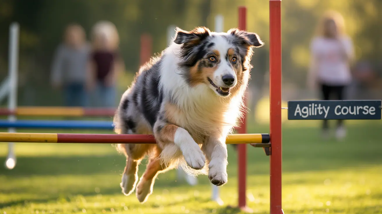 An Australian Shepherd leaping gracefully over an agility course hurdle in bright sunlight.