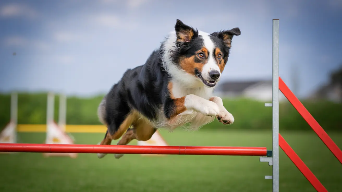 Australian Shepherd jumping over a red and white agility hurdle during training