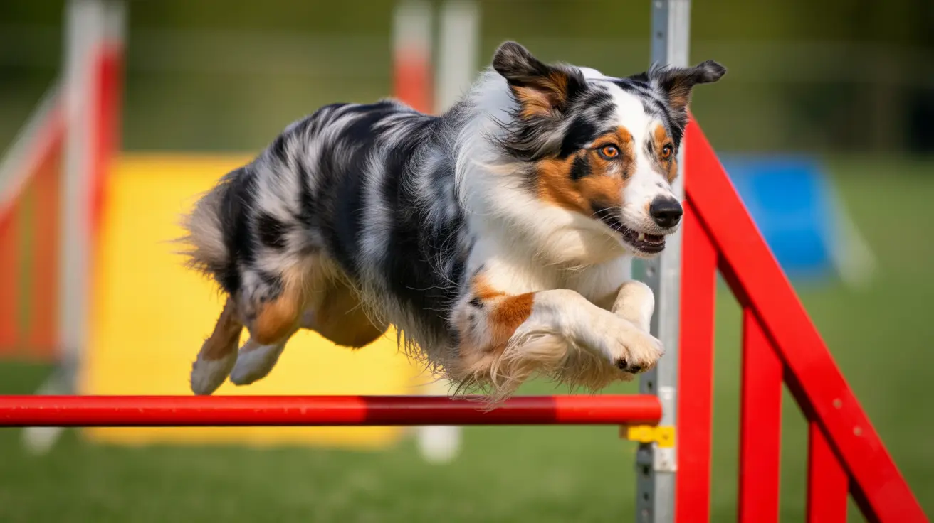 犬のトレーニングセッション中に赤いアジリティハードルを飛び越えるオーストラリアン・シェパード