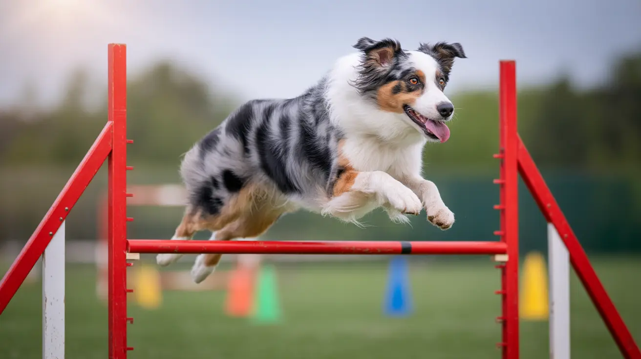 Australian Shepherd jumping over a red agility hurdle with tongue out and ears flowing