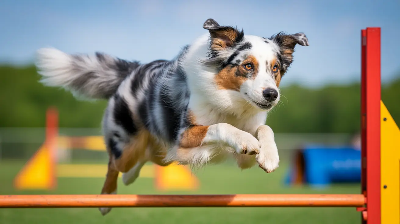 Australian Shepherd jumping over orange hurdle in outdoor agility training