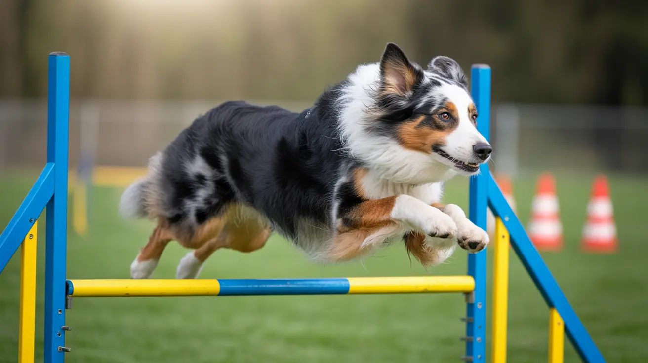 Australian Shepherd jumping over blue and yellow agility hurdle during dog training