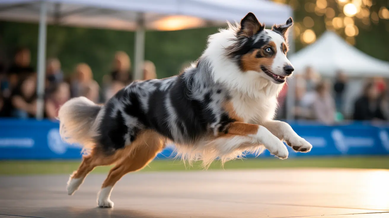 オーストラリアン・シェパード犬がアジリティ競技会のイベントで元気に空中ジャンプしている様子