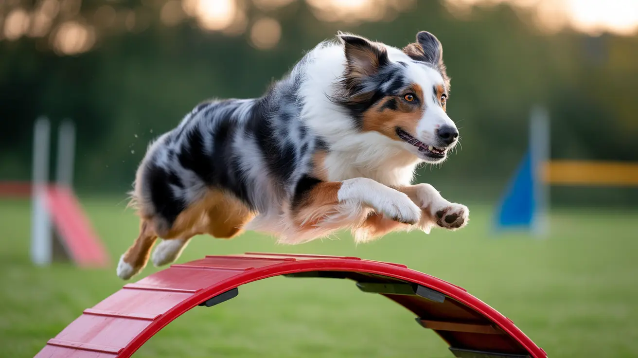 Australian Shepherd jumping over red curved agility obstacle at outdoor training facility