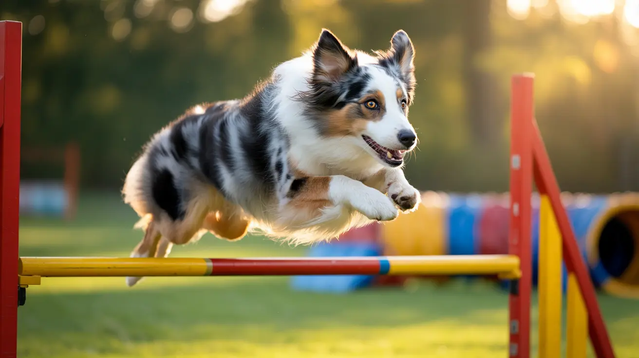 Australian Shepherd jumping over a colorful agility jump bar during training