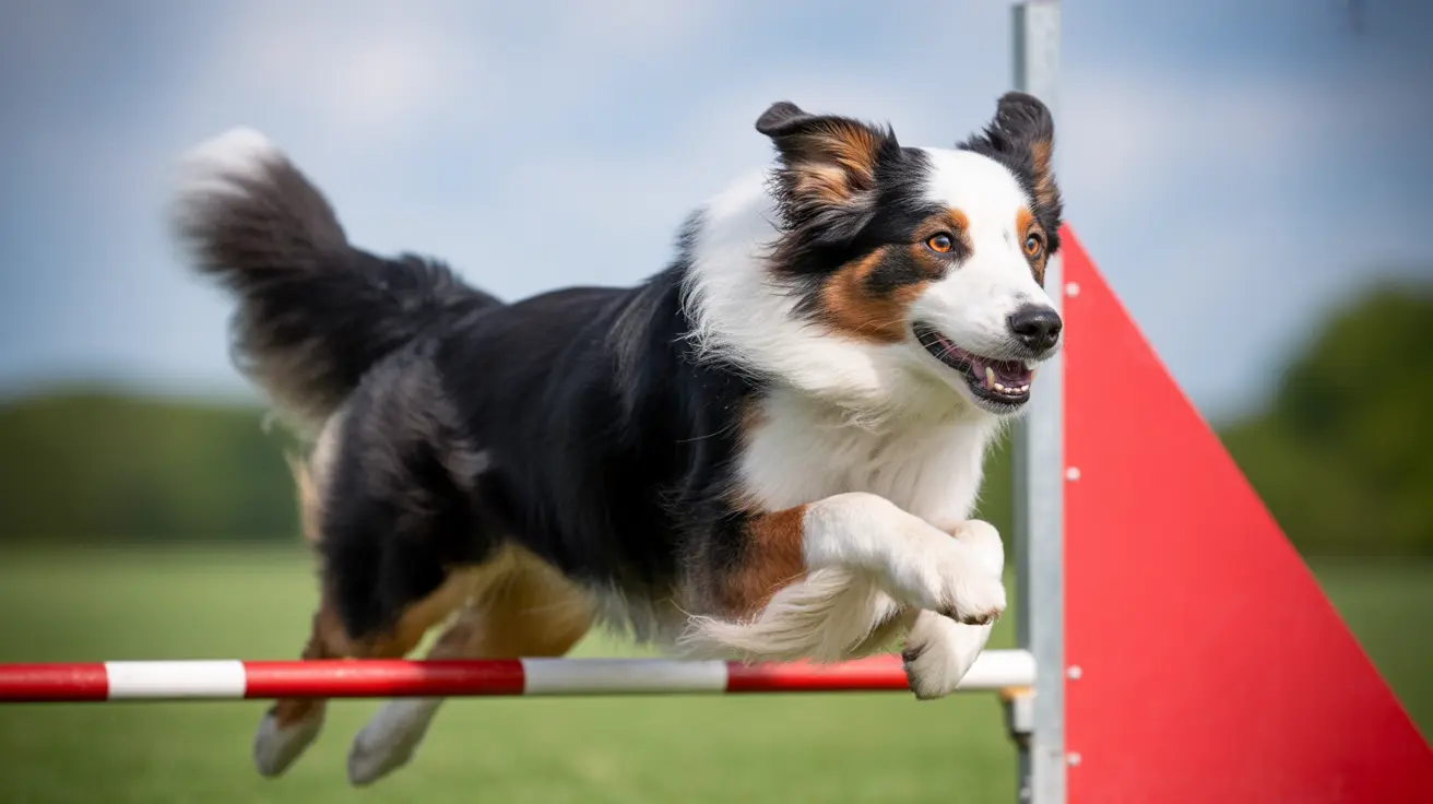 Australian Shepherd jumping over red and white striped agility bar during training