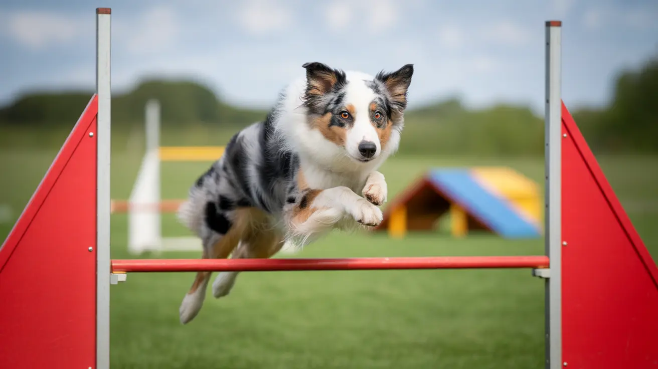 Australian Shepherd jumping over a red agility bar at a dog training facility
