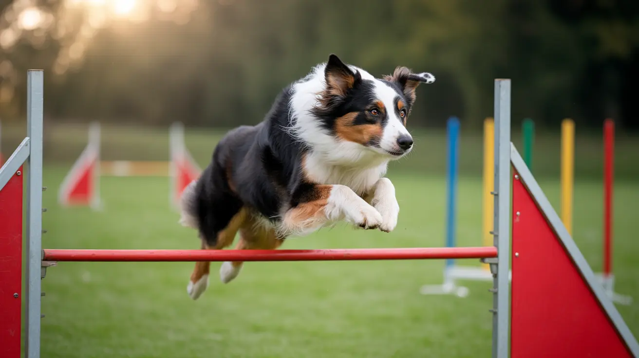 Australian Shepherd jumping over a red agility jump bar on grassy field