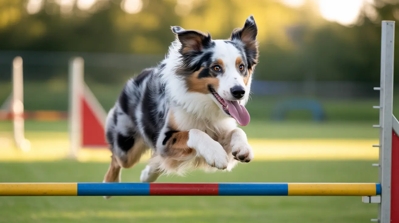 Australian Shepherd jumping over a colorful agility bar outdoors