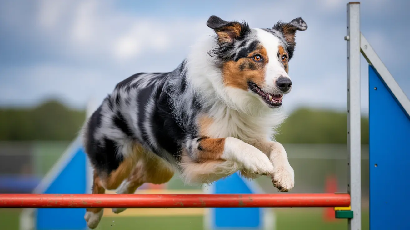 Australian Shepherd jumping over red hurdle during outdoor agility training