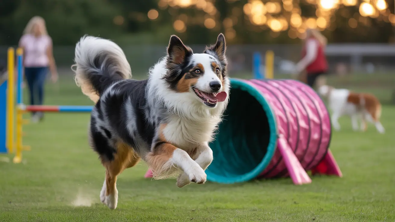 Australian Shepherd leaping joyfully during an agility training session