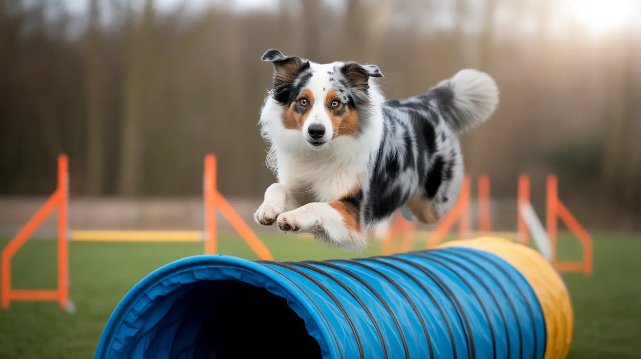 Australian Shepherd leaping over blue agility tunnel at dog training course