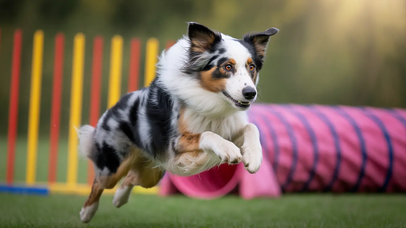 犬の訓練コースでピンクのアジリティトンネルを飛び越えるオーストラリアン・シェパード。