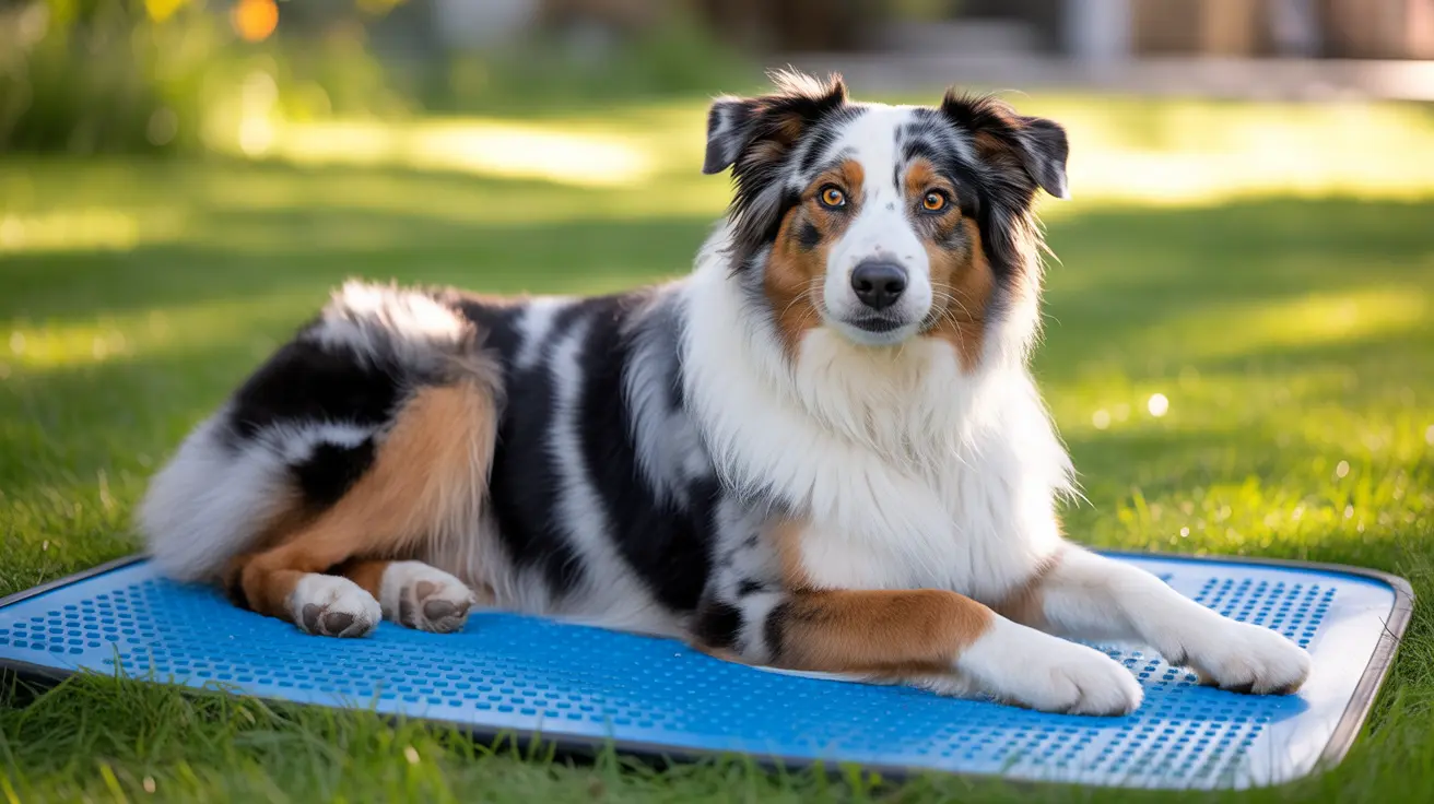 Australian Shepherd lying relaxed on a blue cooling mat in a sunny grassy yard