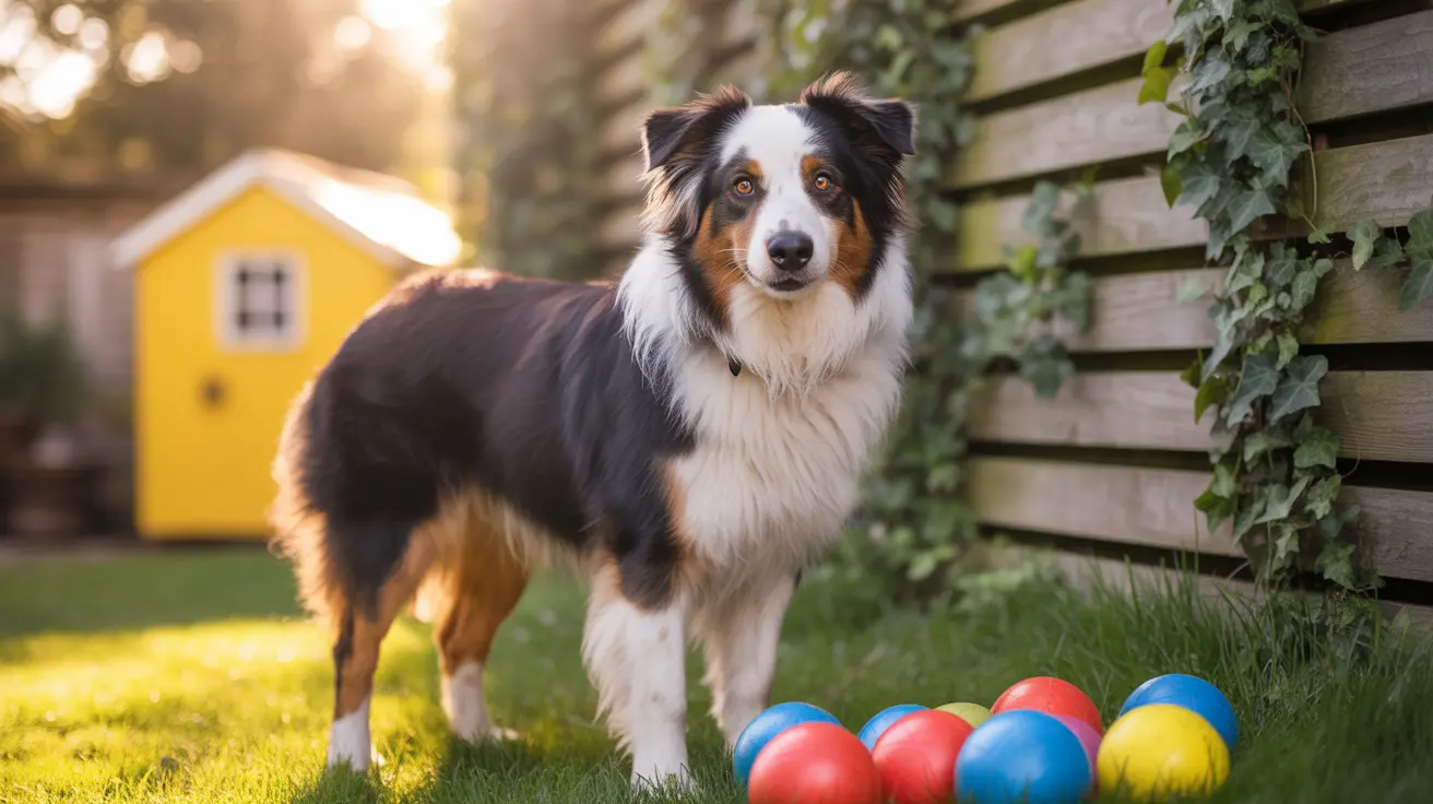 An Australian Shepherd standing in a backyard with colorful play balls