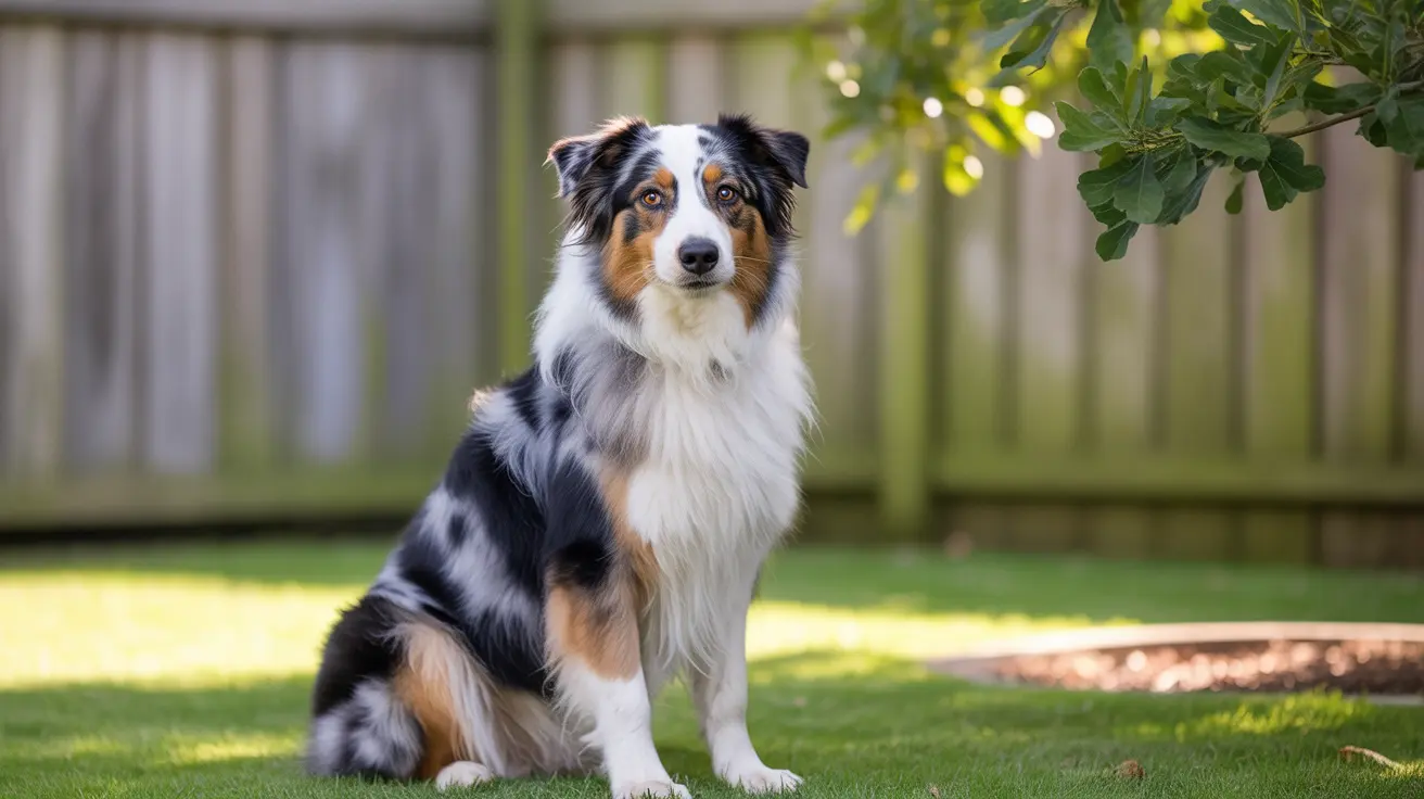 Australian Shepherd sitting attentively on green grass in backyard with sunlight through trees
