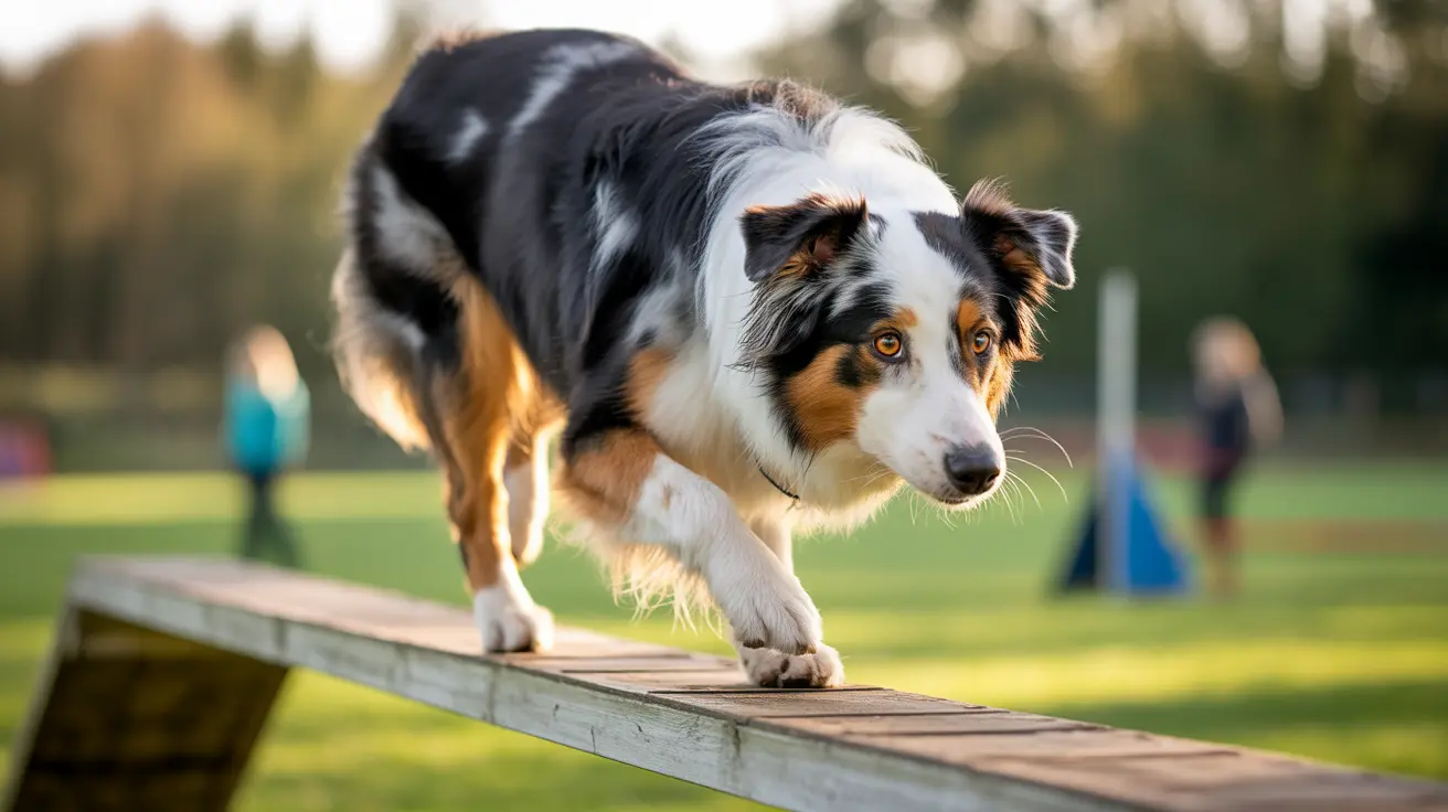 Australian Shepherd walking carefully on wooden balance beam at dog park during golden hour