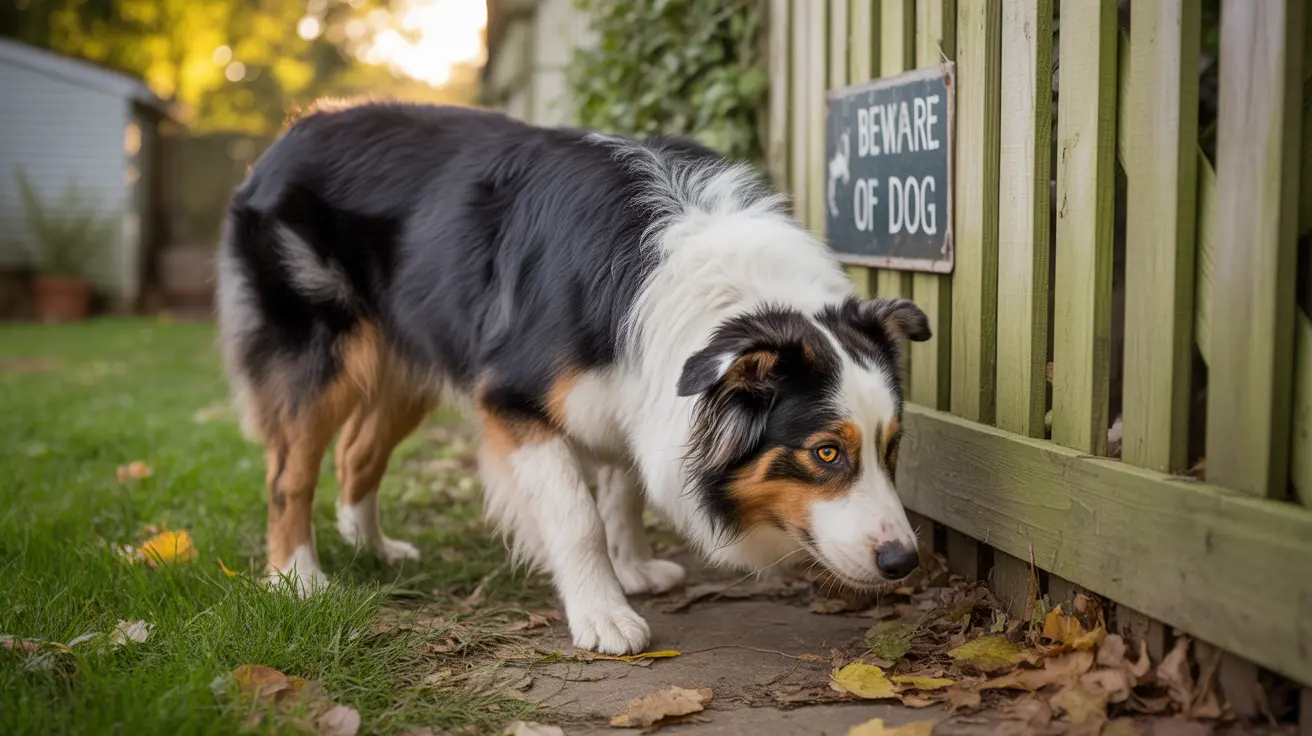 Australian Shepherd dog crouching near a wooden fence with a Beware of Dog sign