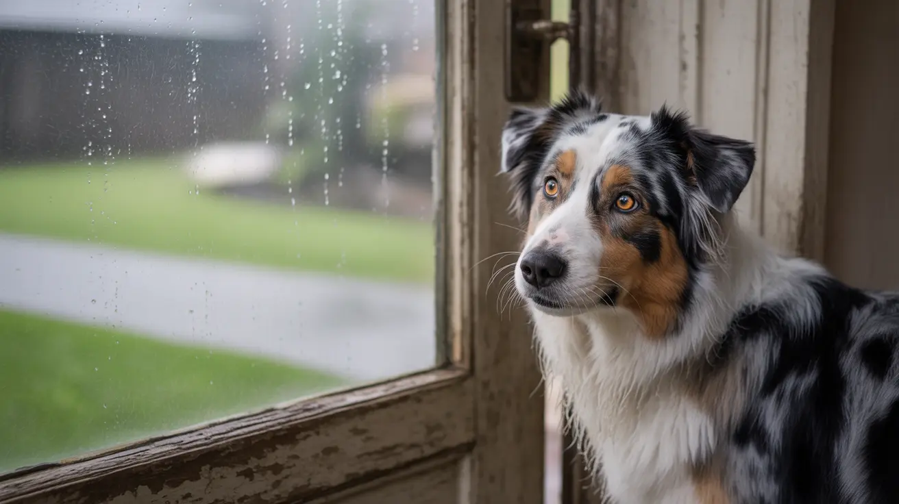 Australian Shepherd with blue and brown eyes looking out a rain-streaked window