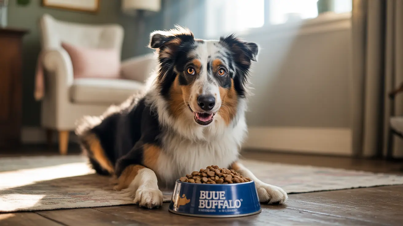 Australian Shepherd sitting next to a full Blue Buffalo dog food bowl in a cozy living room