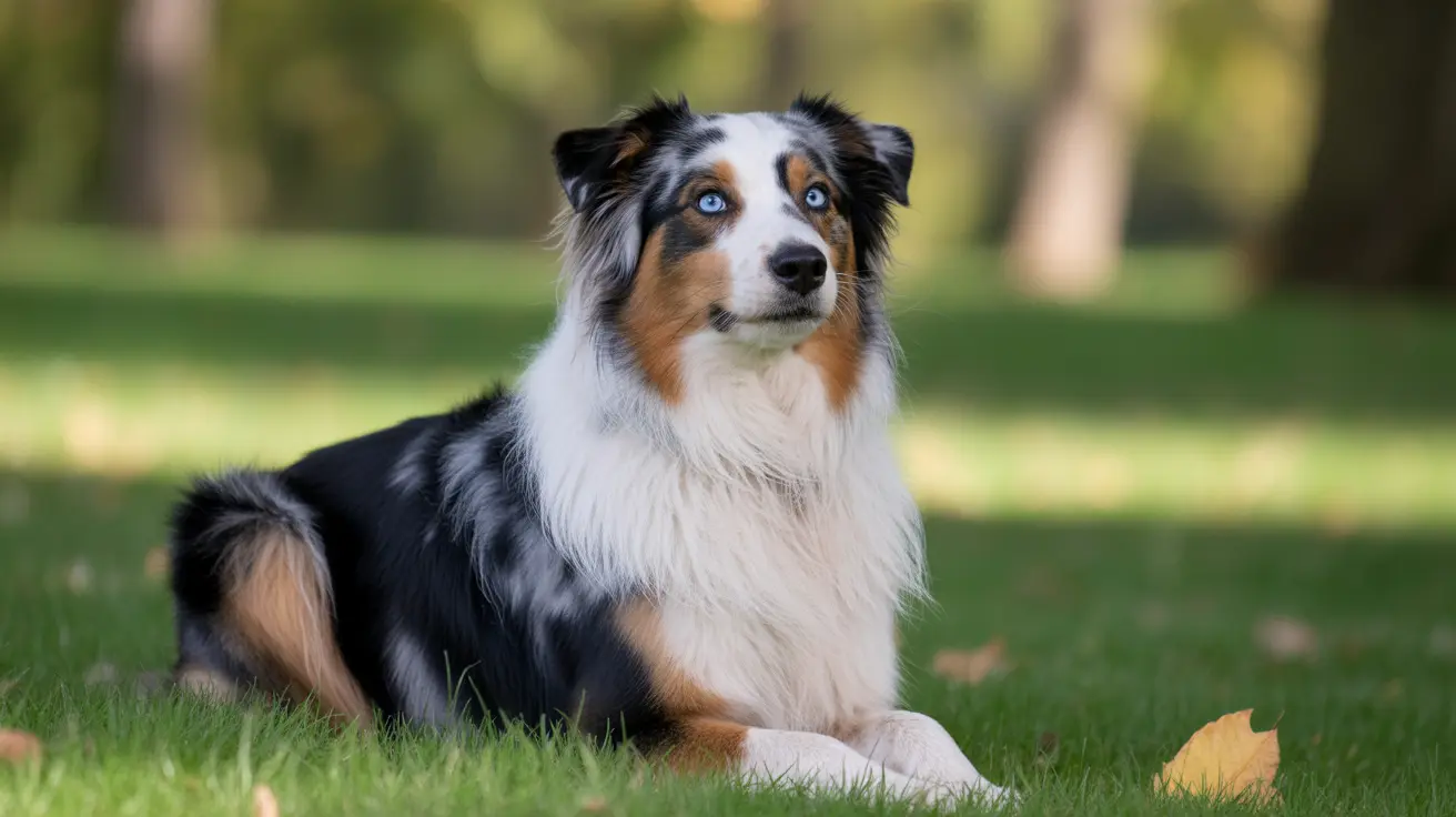 Australian Shepherd with striking blue eyes sitting alertly on a grassy lawn