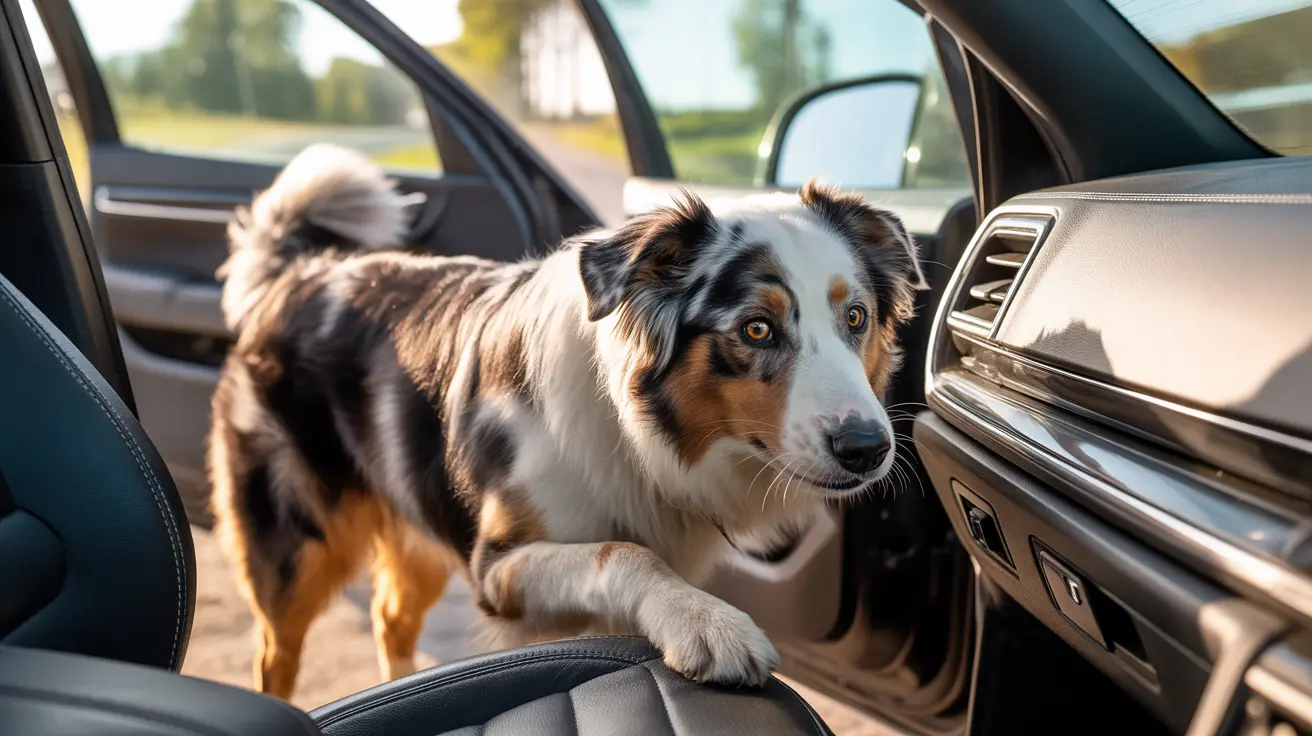Australian Shepherd with blue eyes sitting attentively in the front car seat with paws on the seat
