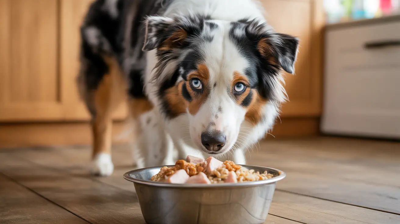 Australian Shepherd with striking blue eyes looking intently at a bowl of dog food