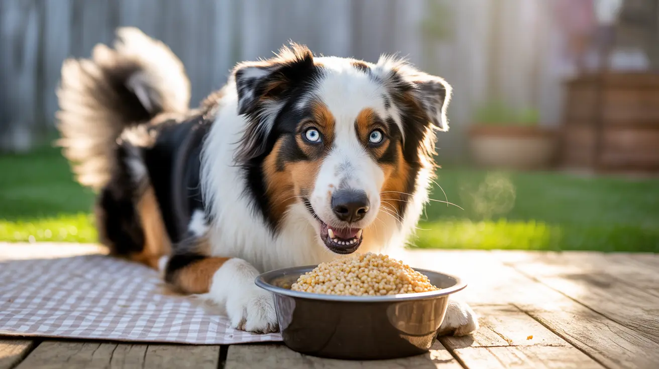 An Australian Shepherd with striking blue eyes lying next to a bowl of dog food on a wooden deck