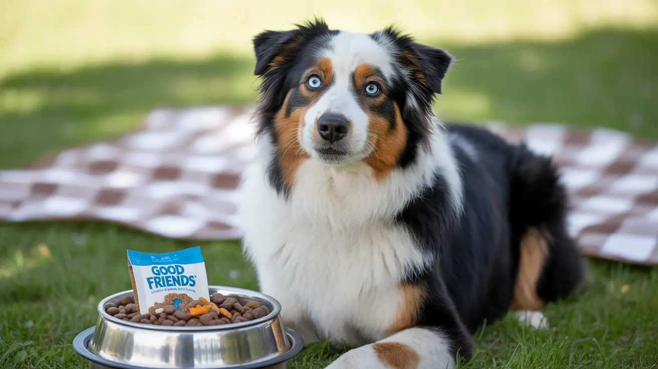 An Australian Shepherd with striking blue eyes sitting next to a bowl of dog food in a grassy outdoor setting