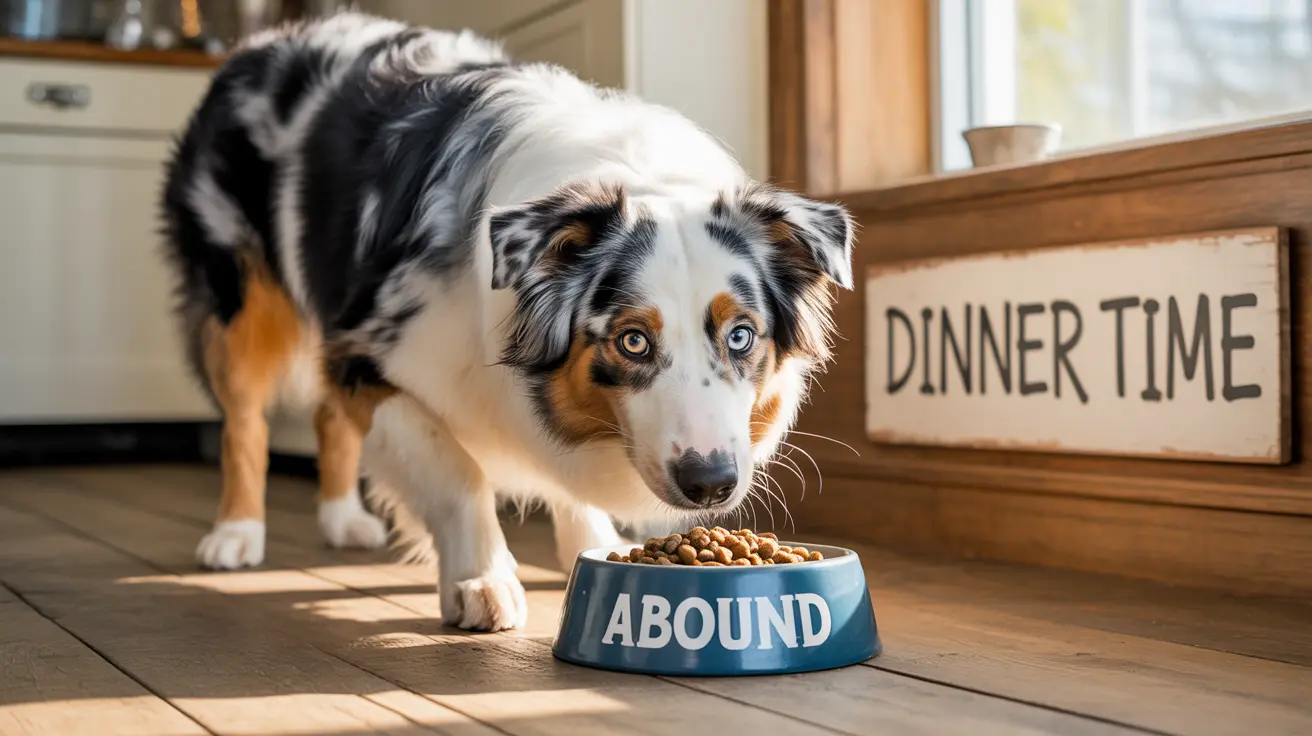 Australian Shepherd with blue eyes standing next to a food bowl ready to eat