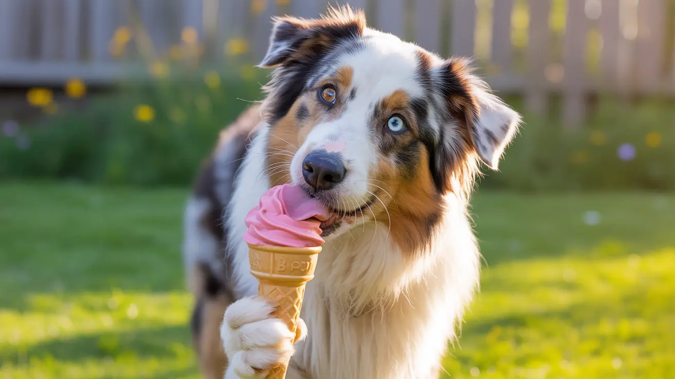 Australian Shepherd with blue eyes holding pink ice cream cone in sunny park