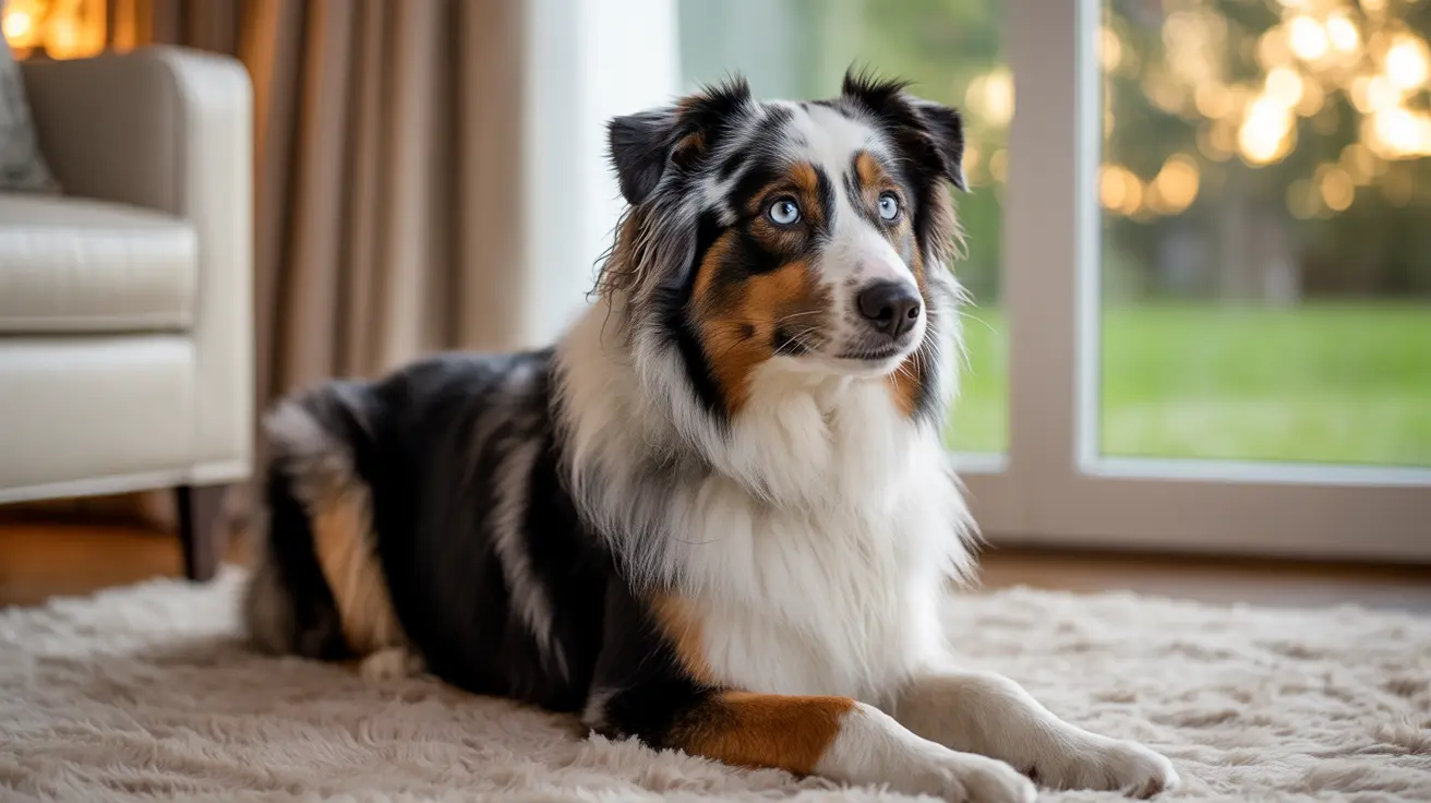 Australian Shepherd with blue eyes lying on rug in bright modern living room