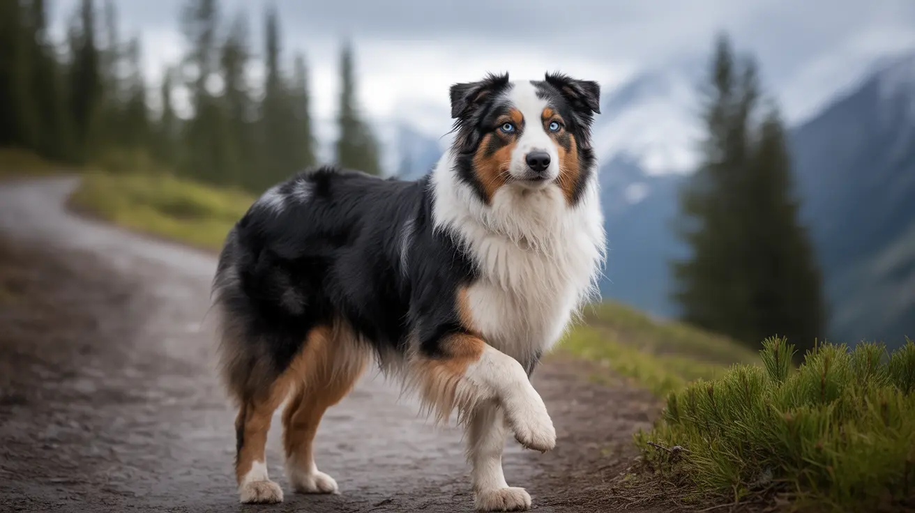 Australian Shepherd with blue eyes standing on a mountain trail with one paw raised