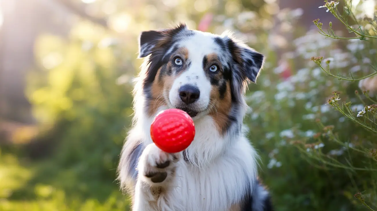 鮮やかな青い目を持つオーストラリアン・シェパードが、屋外の庭の環境で明るい赤いボールを口にくわえて座っている